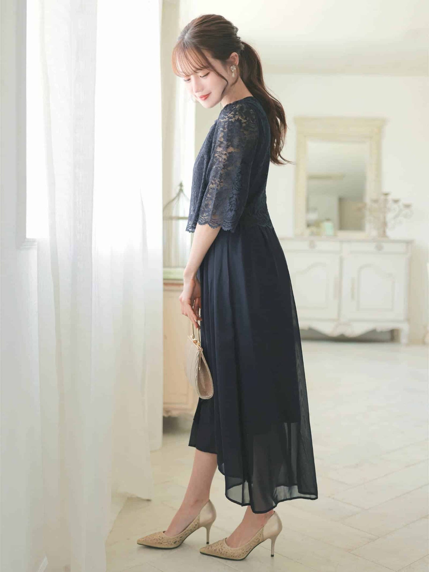 chiffon floral lace dress / ワンカラーシフォンフラワーレース五分袖ロングワンピース
