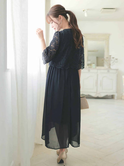 chiffon floral lace dress / ワンカラーシフォンフラワーレース五分袖ロングワンピース