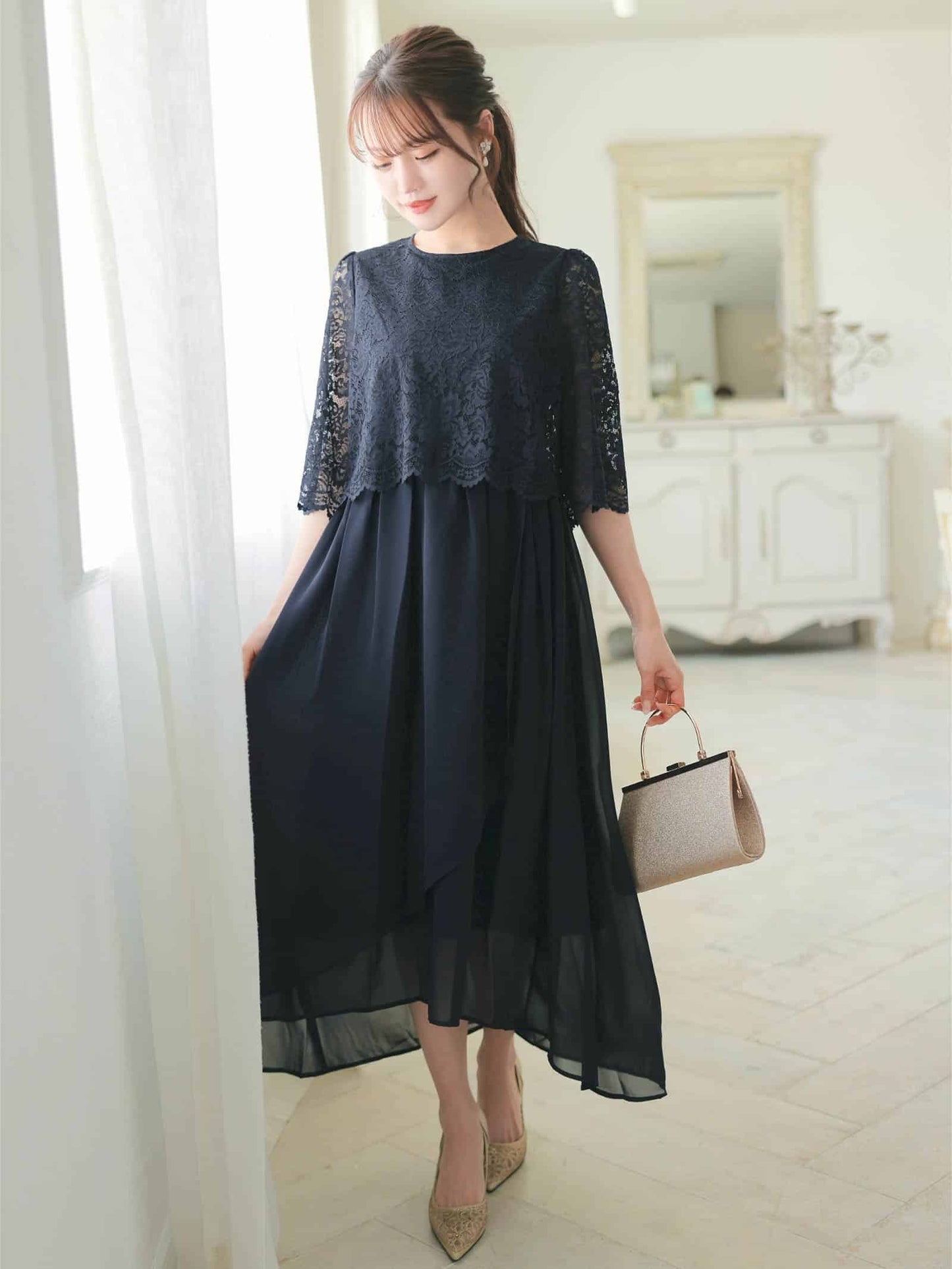 chiffon floral lace dress / ワンカラーシフォンフラワーレース五分袖ロングワンピース