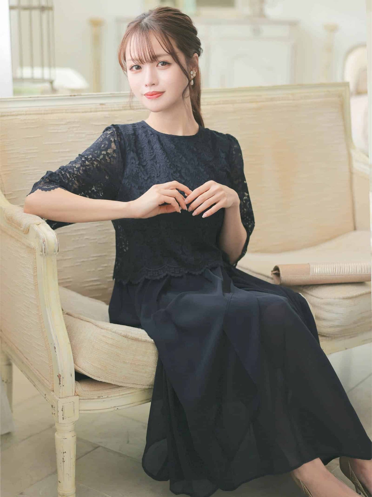 chiffon floral lace dress / ワンカラーシフォンフラワーレース五分袖ロングワンピース