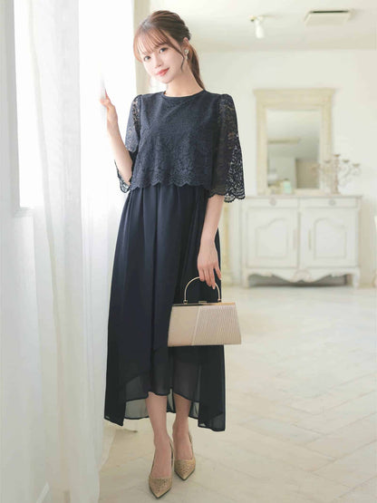 chiffon floral lace dress / ワンカラーシフォンフラワーレース五分袖ロングワンピース