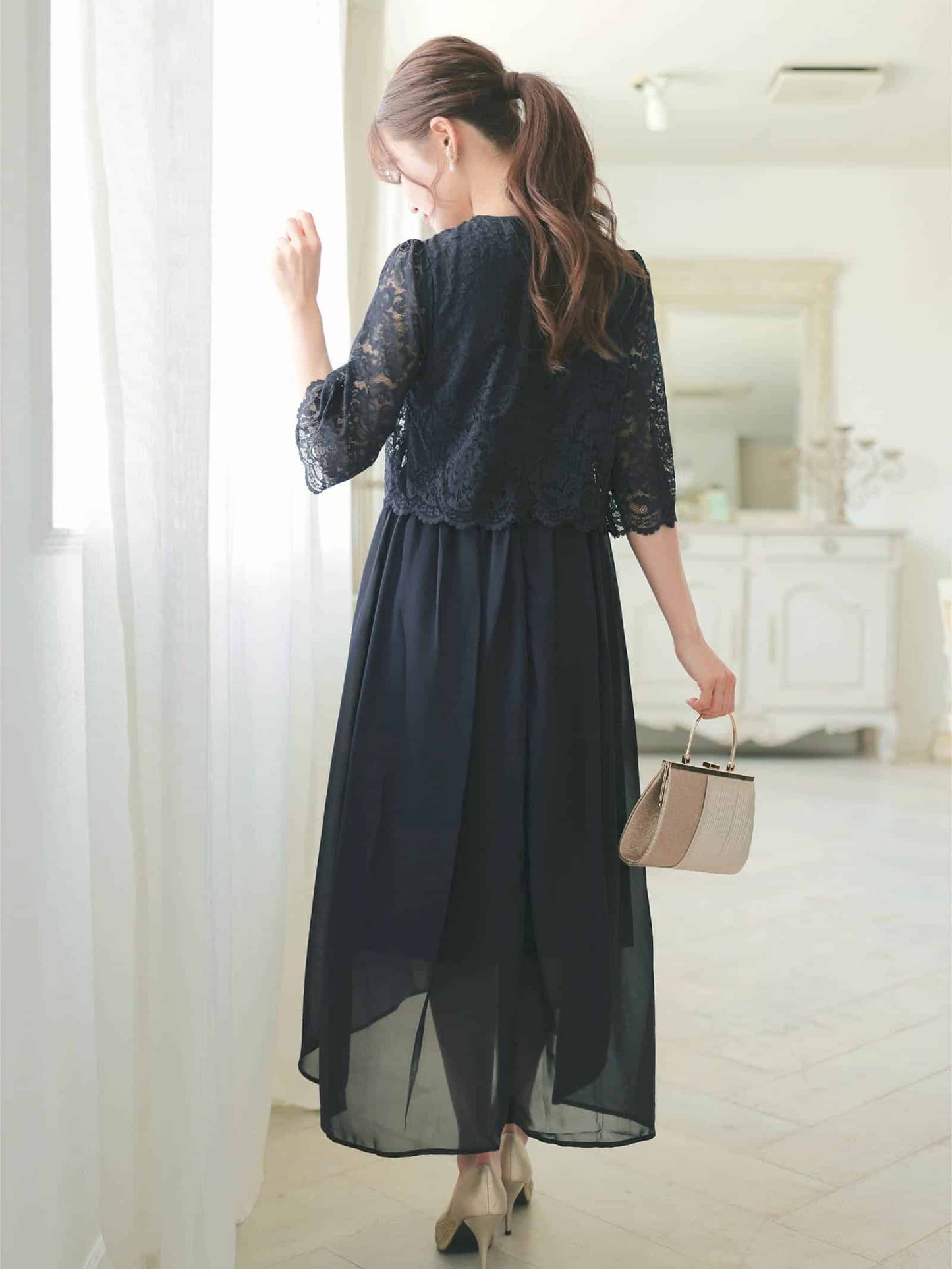 chiffon floral lace dress / ワンカラーシフォンフラワーレース五分袖ロングワンピース