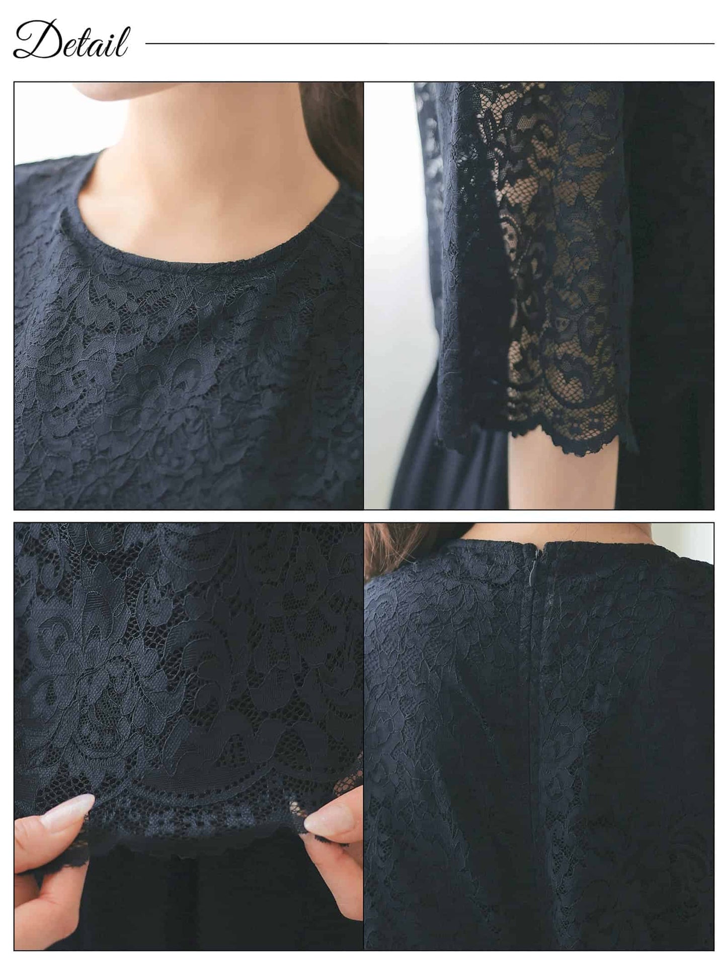 chiffon floral lace dress / ワンカラーシフォンフラワーレース五分袖ロングワンピース