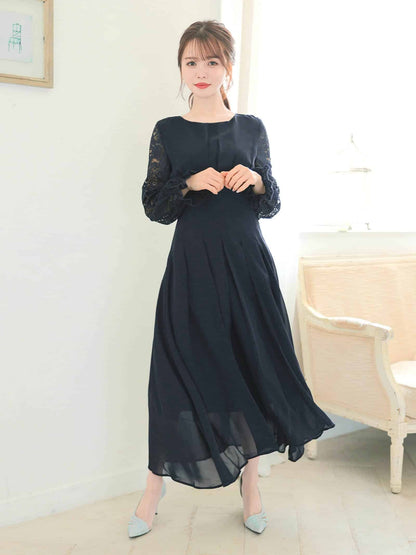 chiffon floral lace dress / ワンカラーシフォンギャザーフラワーレース長袖ロングワンピース