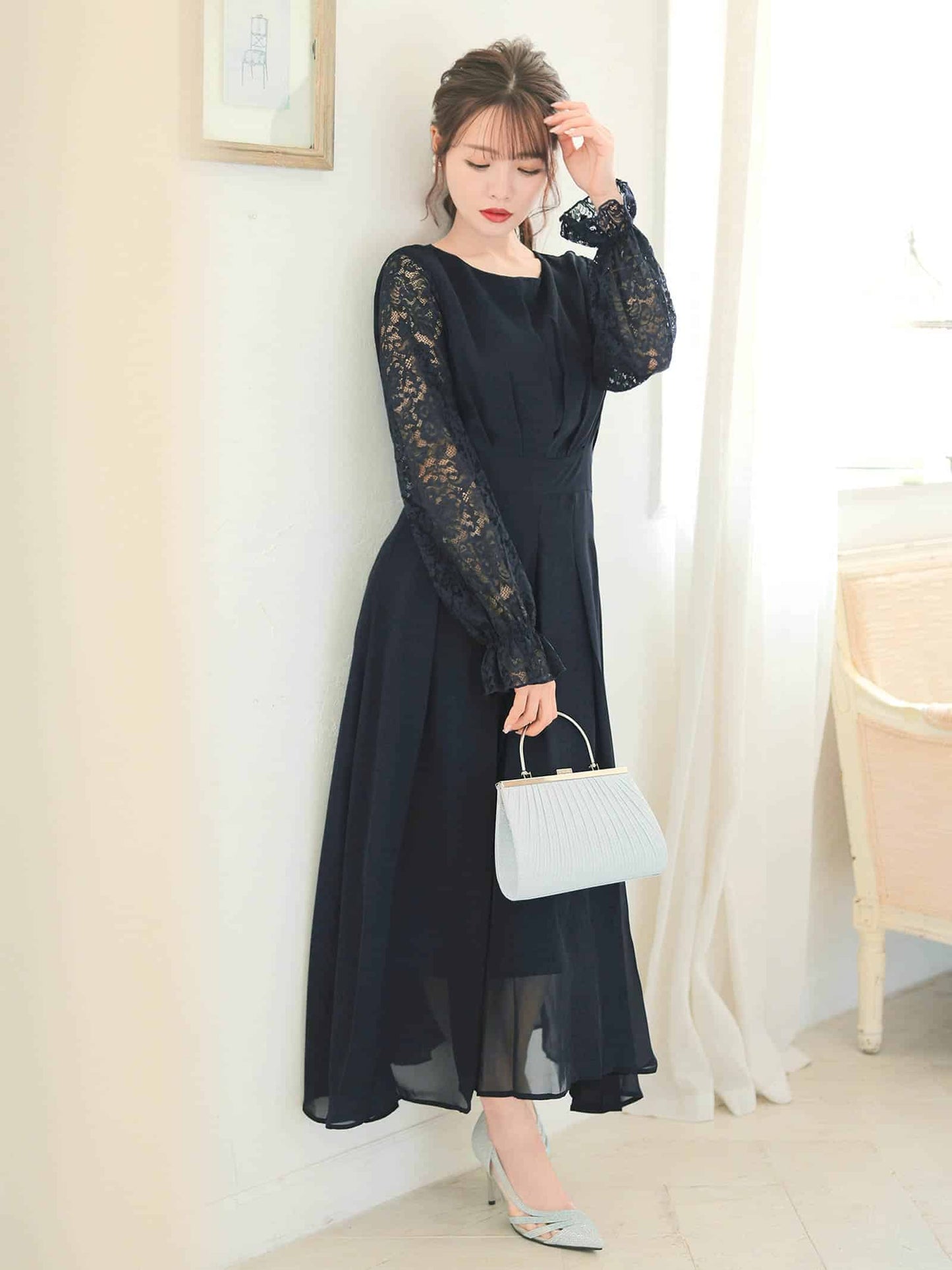 chiffon floral lace dress / ワンカラーシフォンギャザーフラワーレース長袖ロングワンピース