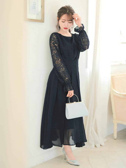 chiffon floral lace dress / ワンカラーシフォンギャザーフラワーレース長袖ロングワンピース