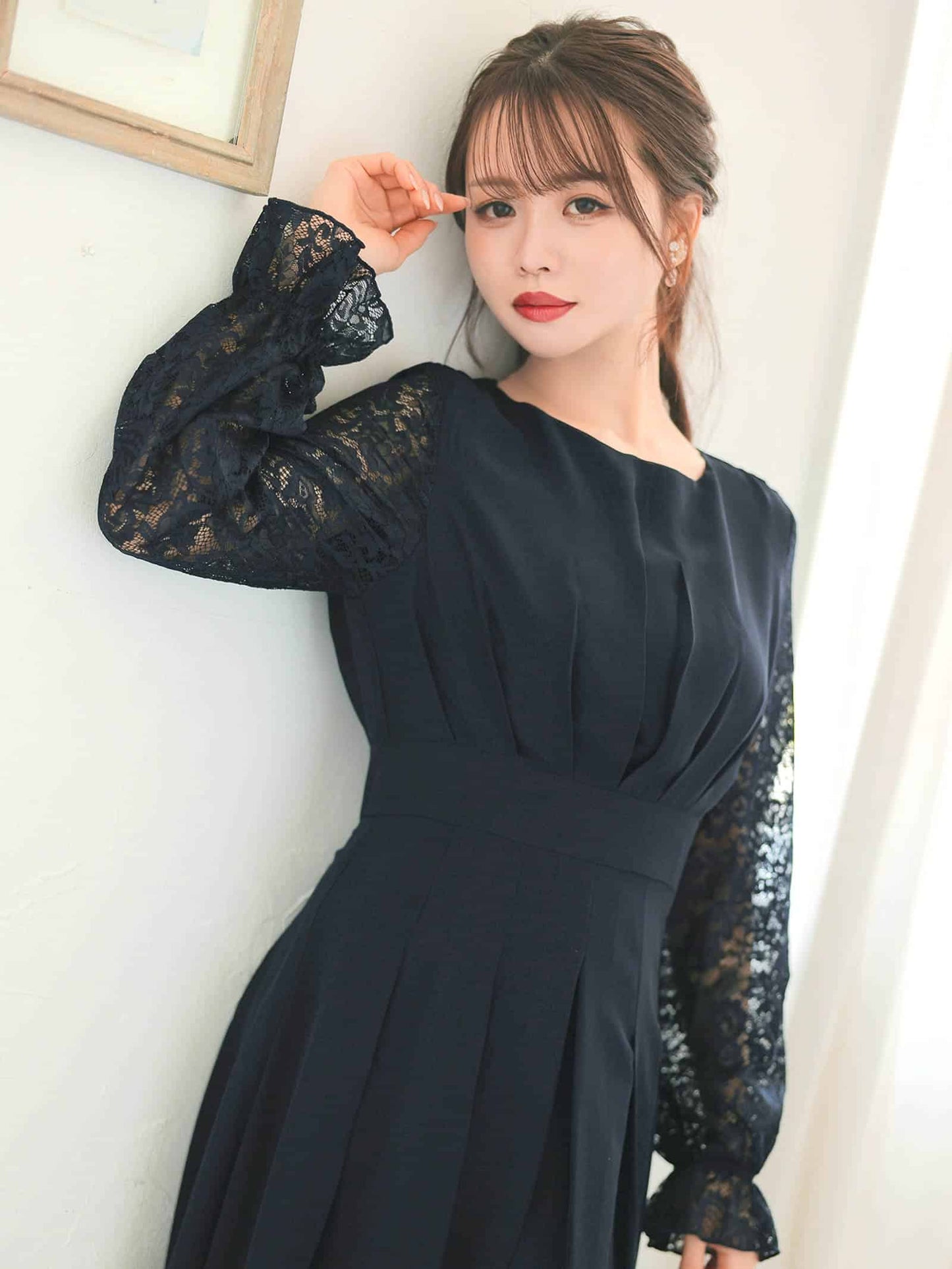 chiffon floral lace dress / ワンカラーシフォンギャザーフラワーレース長袖ロングワンピース