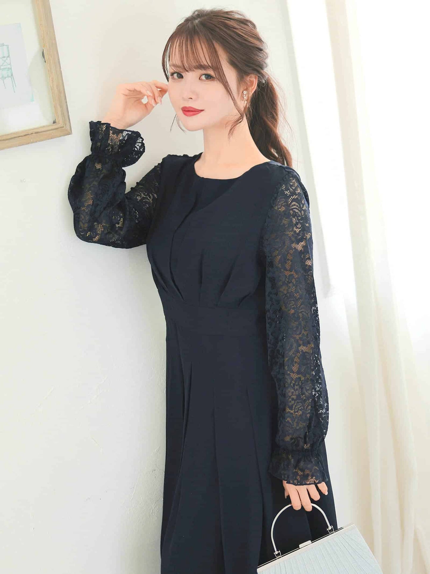 chiffon floral lace dress / ワンカラーシフォンギャザーフラワーレース長袖ロングワンピース