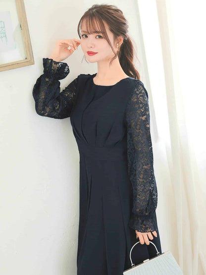 chiffon floral lace dress / ワンカラーシフォンギャザーフラワーレース長袖ロングワンピース