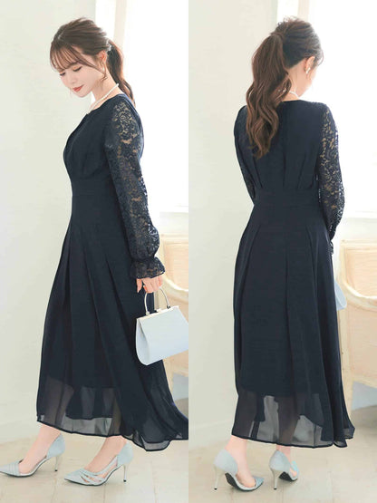 chiffon floral lace dress / ワンカラーシフォンギャザーフラワーレース長袖ロングワンピース