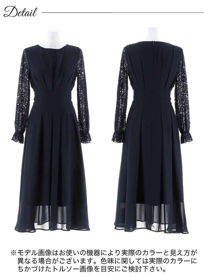 chiffon floral lace dress / ワンカラーシフォンギャザーフラワーレース長袖ロングワンピース