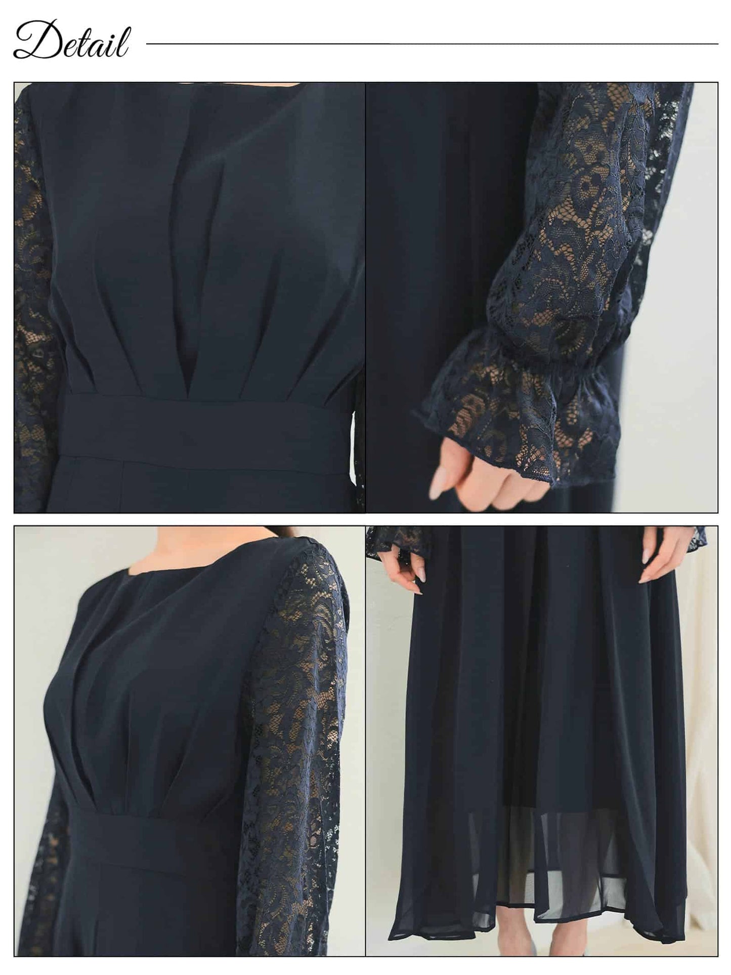 chiffon floral lace dress / ワンカラーシフォンギャザーフラワーレース長袖ロングワンピース
