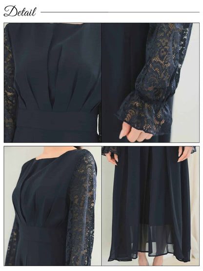 chiffon floral lace dress / ワンカラーシフォンギャザーフラワーレース長袖ロングワンピース