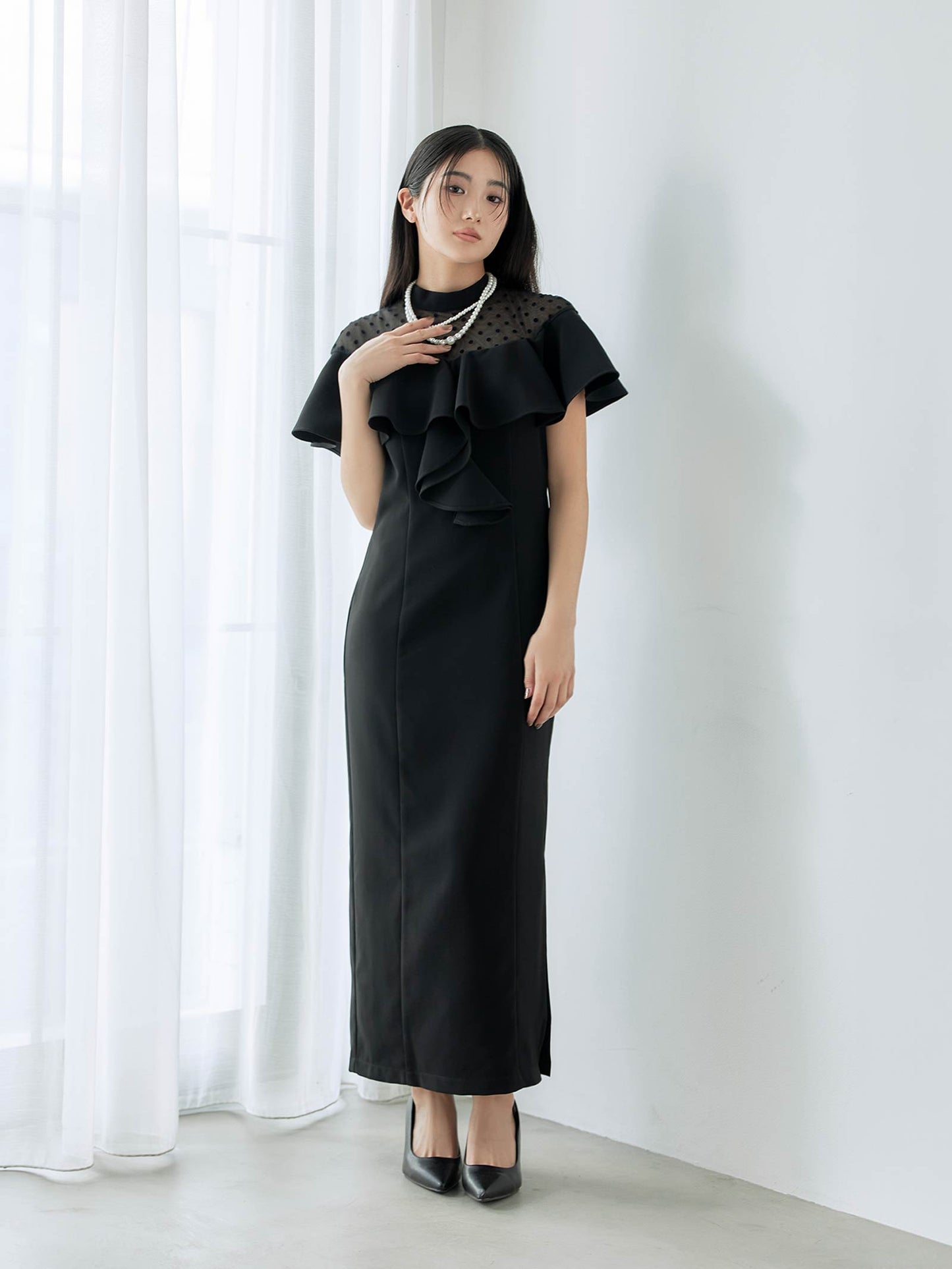 dot flare high neck dress / ドットフレアハイネックドレス