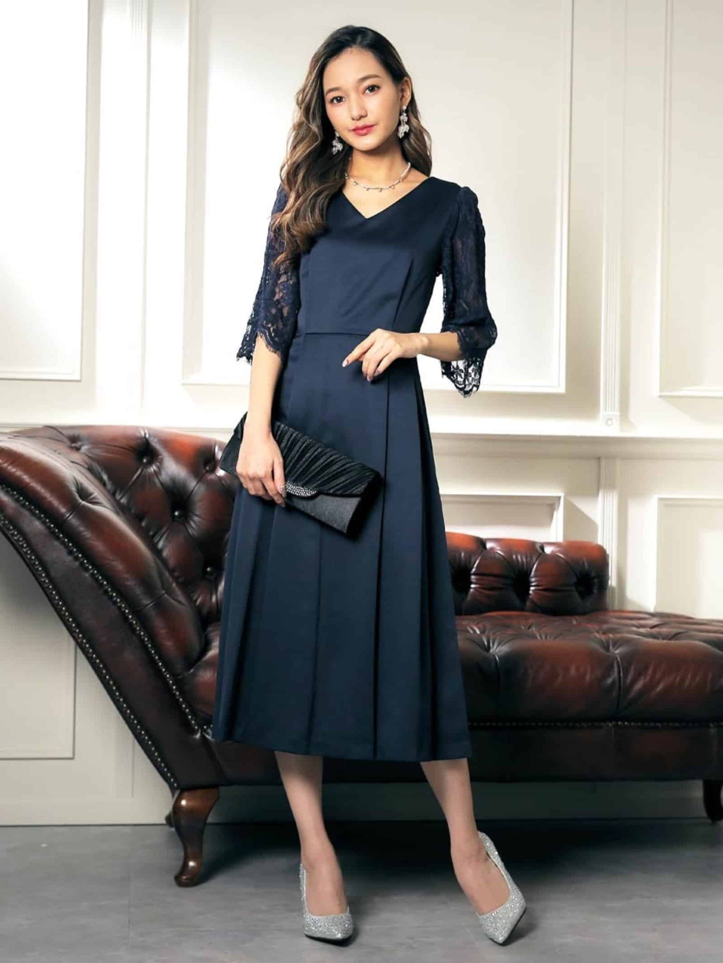 embroidery lace dress / エンブロイダリーレースレイヤードミモレ丈ワンピースドレス