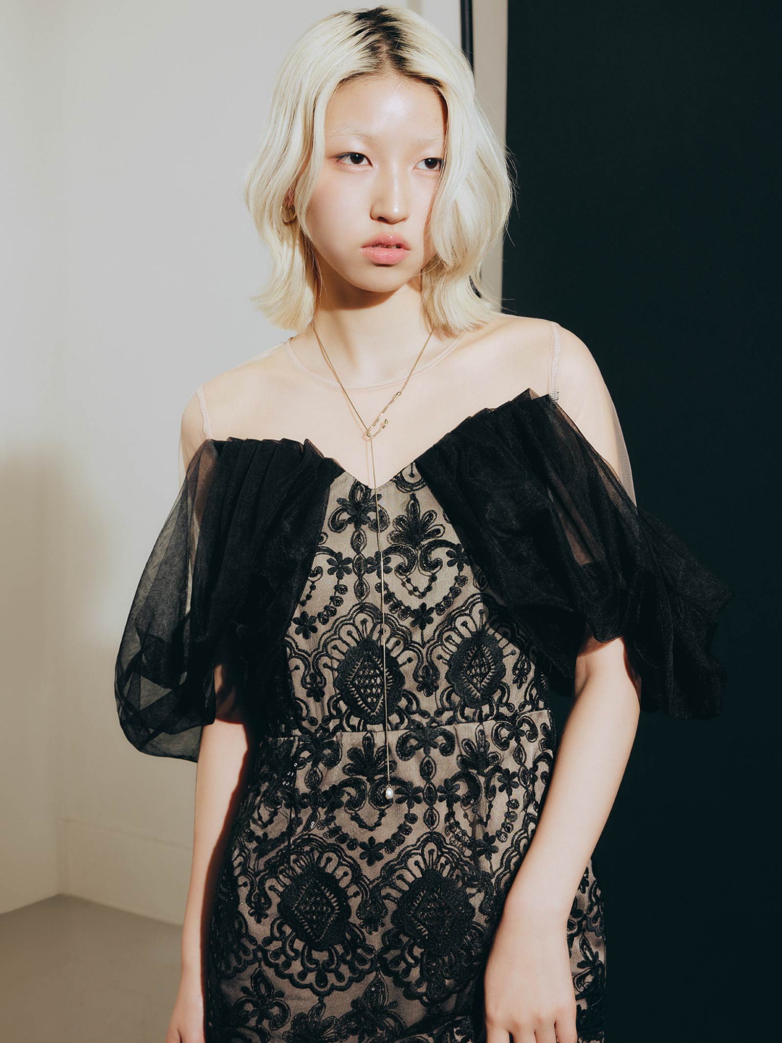 offsholder lace dress / オフショルダーレースドレス