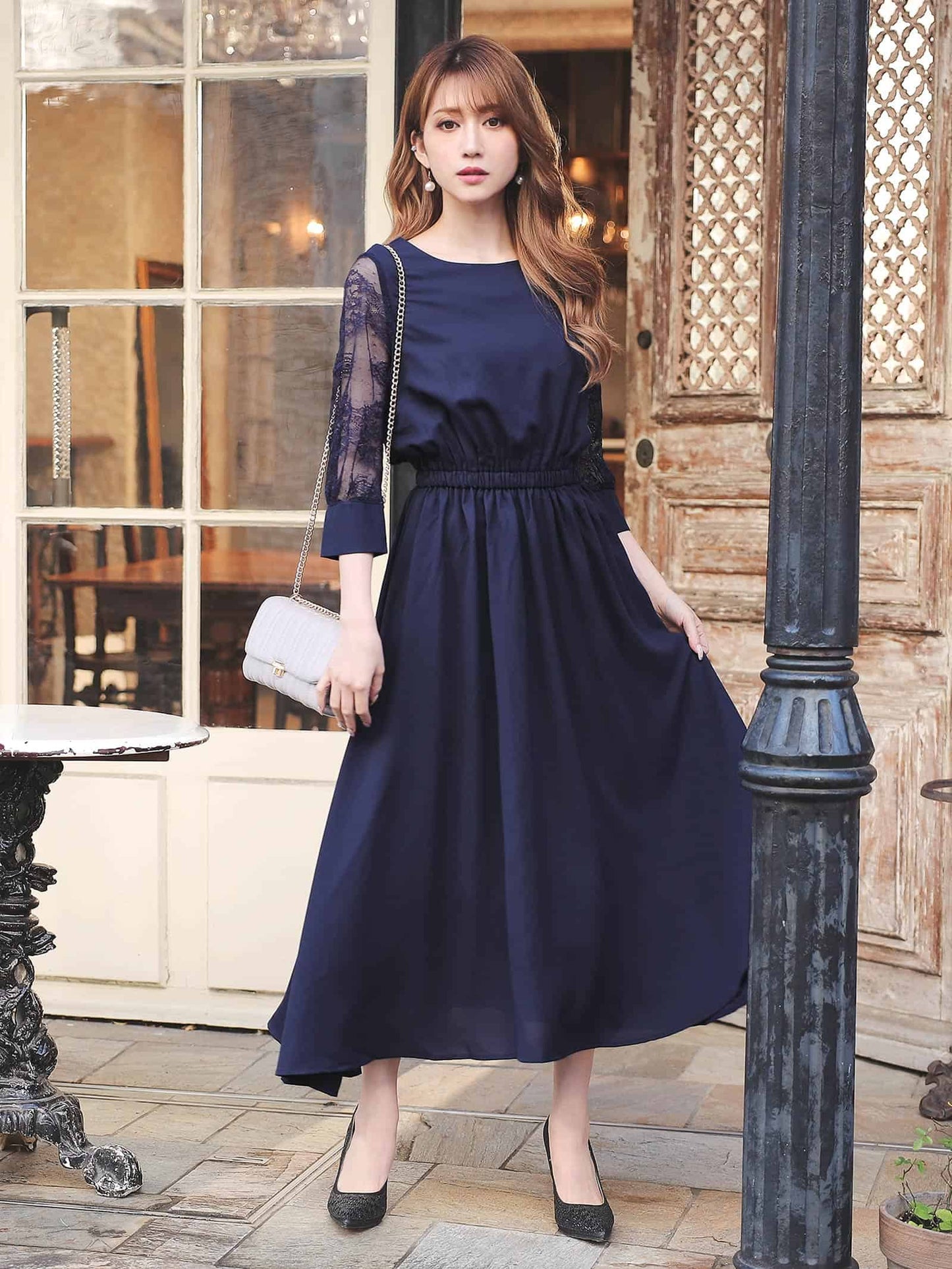 lace sleeve waist mark dress / レーススリーブウエストマークアンクル丈ワンピースドレス