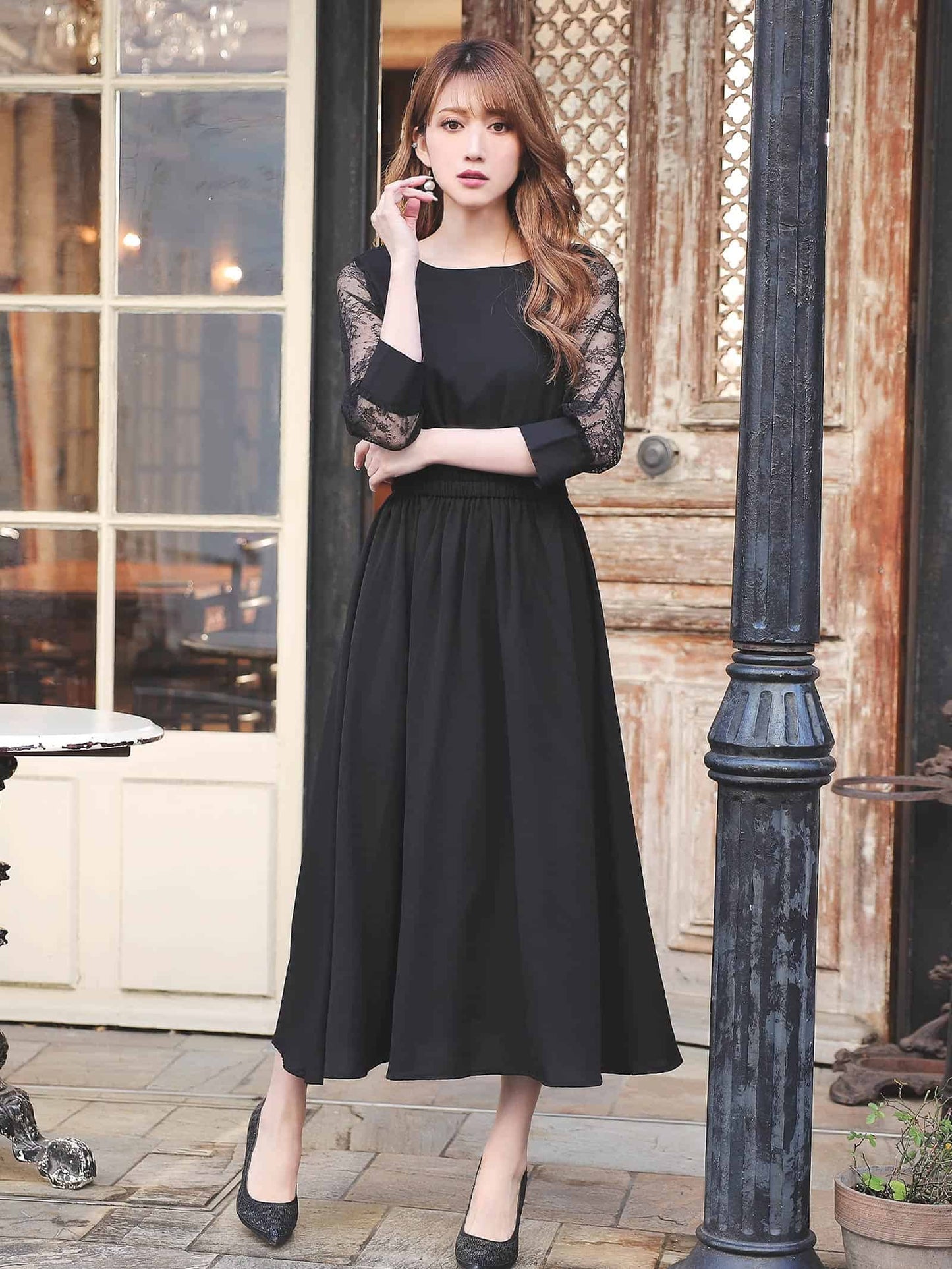 lace sleeve waist mark dress / レーススリーブウエストマークアンクル丈ワンピースドレス