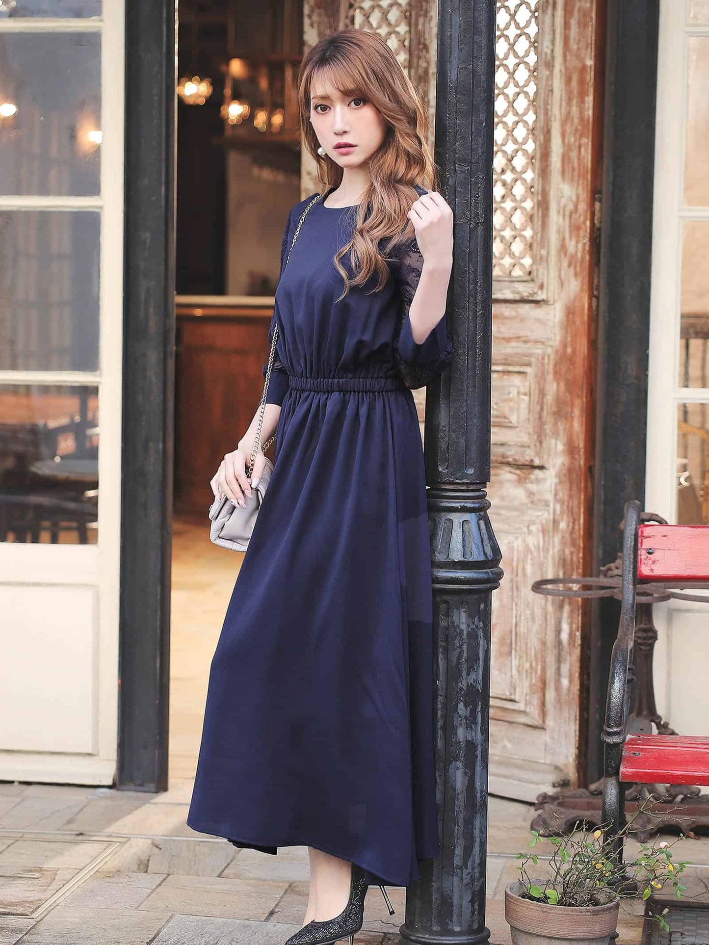 lace sleeve waist mark dress / レーススリーブウエストマークアンクル丈ワンピースドレス