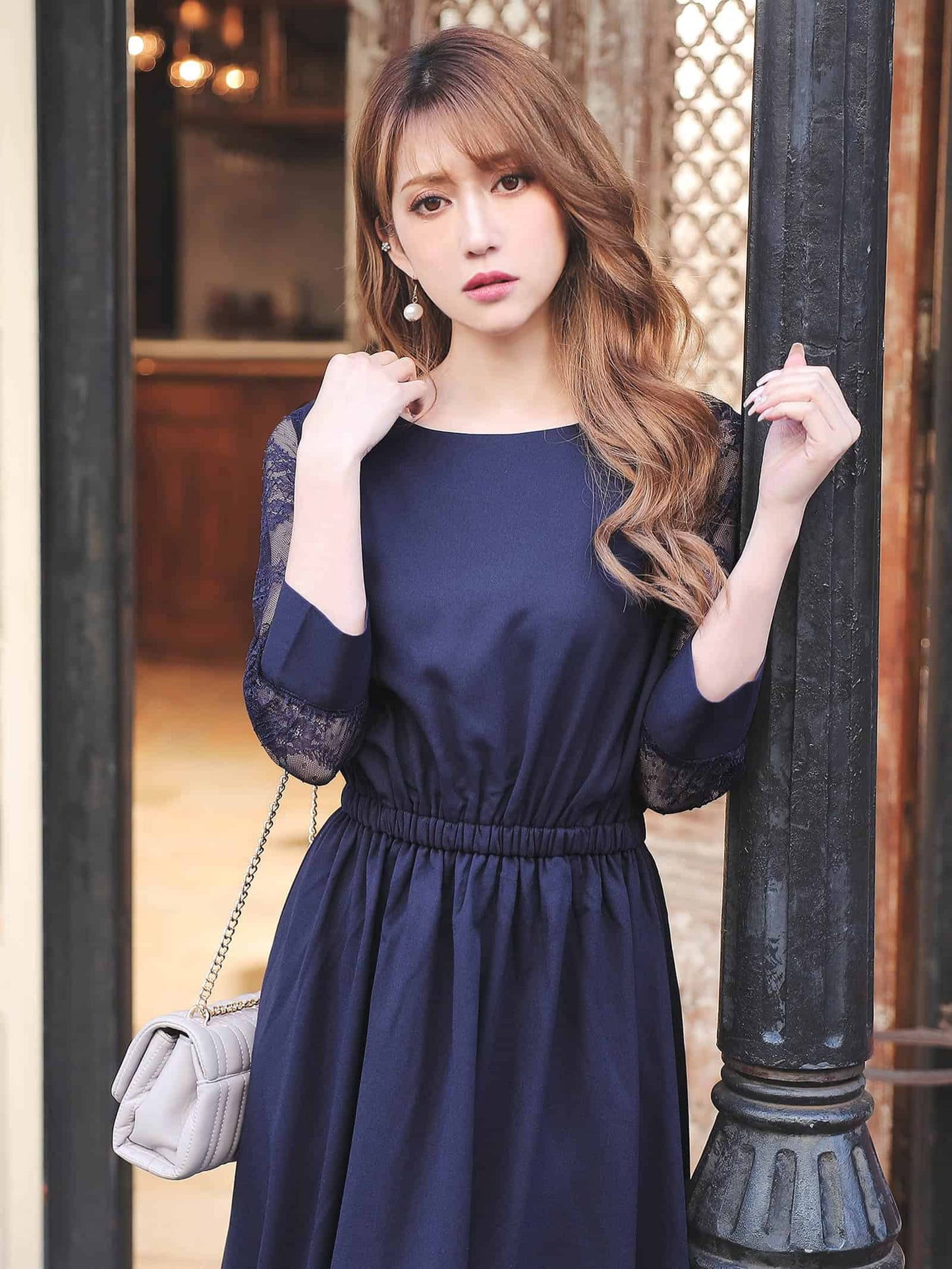 lace sleeve waist mark dress / レーススリーブウエストマークアンクル丈ワンピースドレス