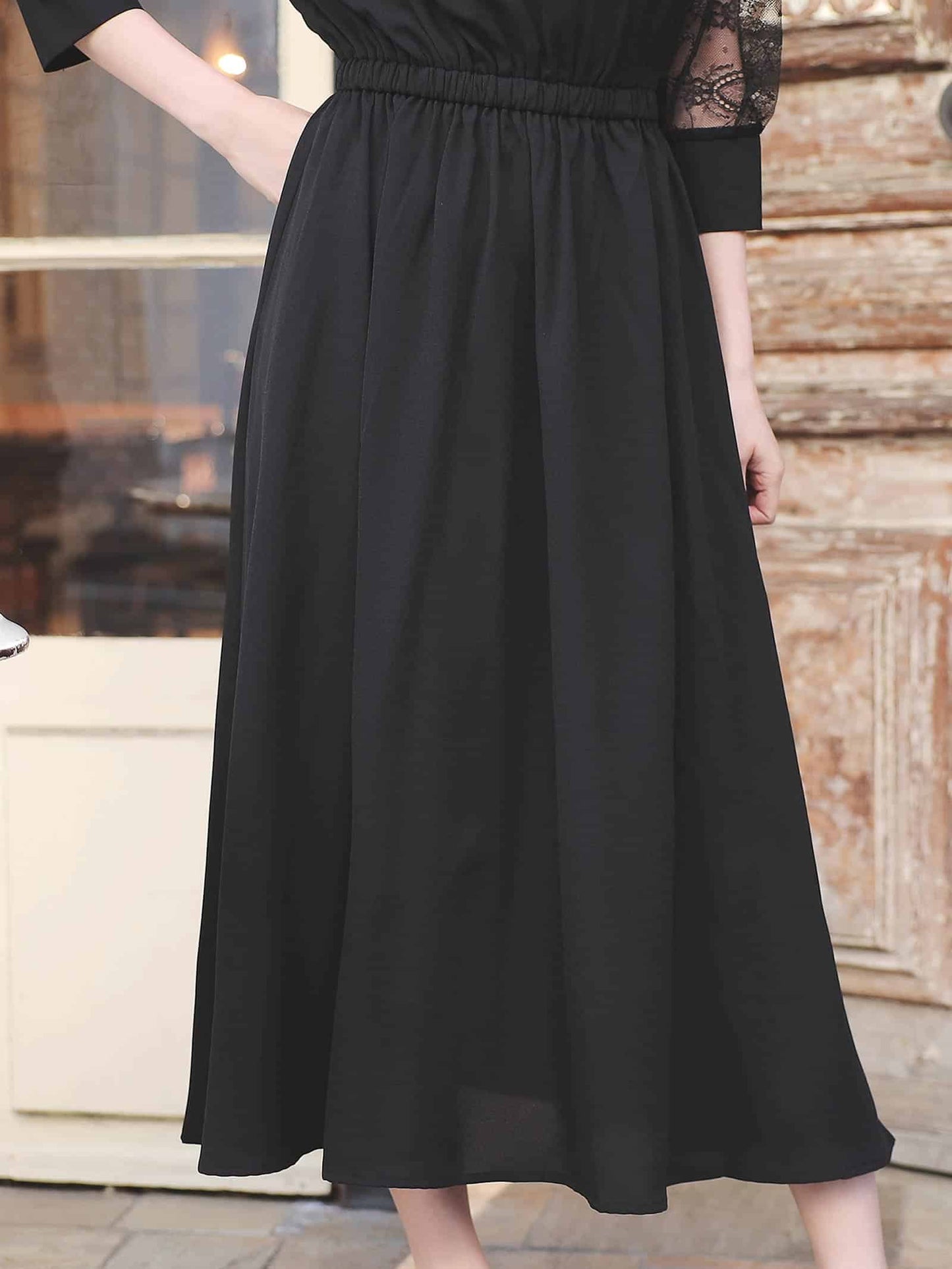 lace sleeve waist mark dress / レーススリーブウエストマークアンクル丈ワンピースドレス