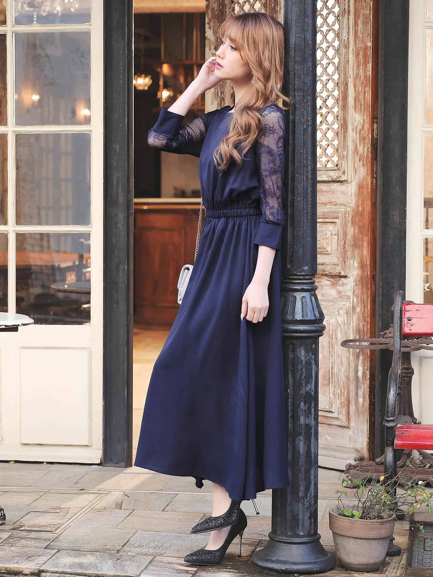lace sleeve waist mark dress / レーススリーブウエストマークアンクル丈ワンピースドレス