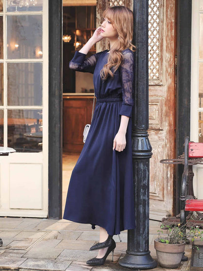 lace sleeve waist mark dress / レーススリーブウエストマークアンクル丈ワンピースドレス