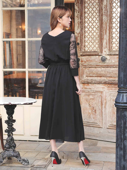 lace sleeve waist mark dress / レーススリーブウエストマークアンクル丈ワンピースドレス