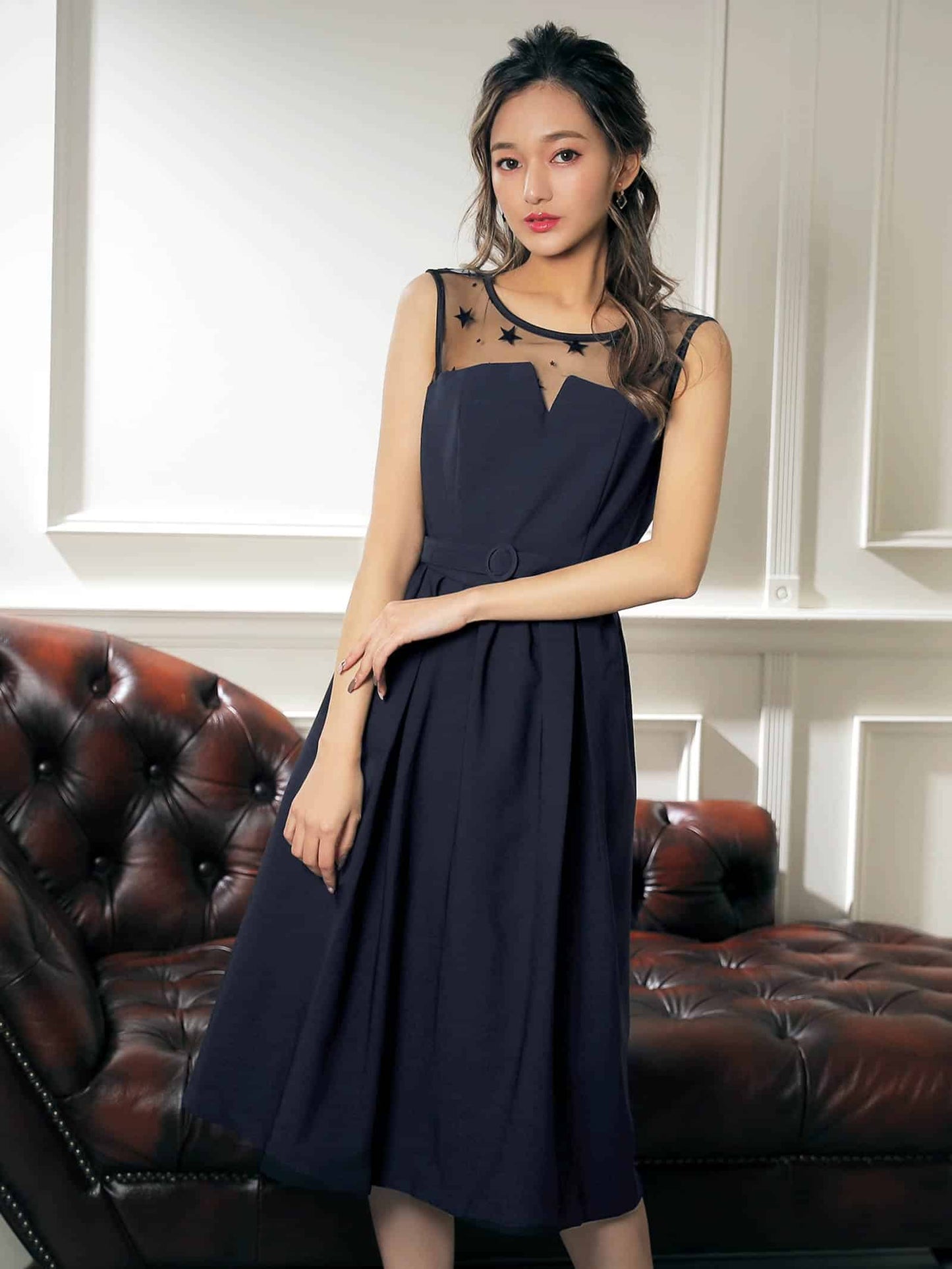 star tulle bustier dress / 星柄チュールレースビスチェ風デザイン膝丈ドレス