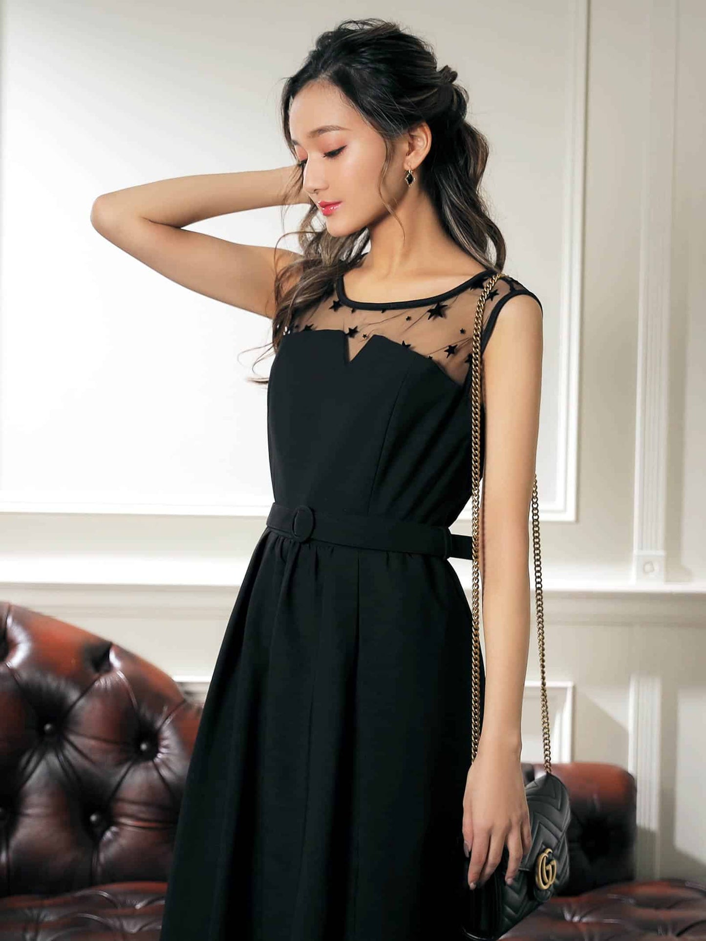 star tulle bustier dress / 星柄チュールレースビスチェ風デザイン膝丈ドレス