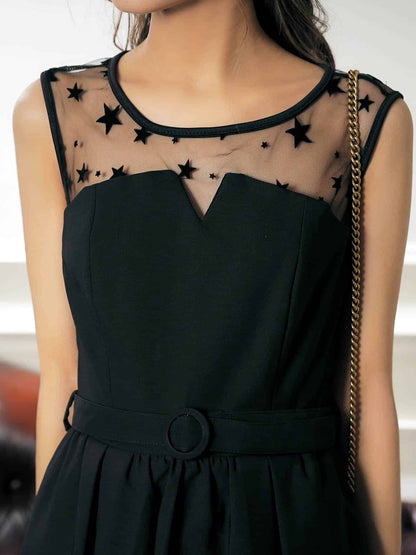 star tulle bustier dress / 星柄チュールレースビスチェ風デザイン膝丈ドレス
