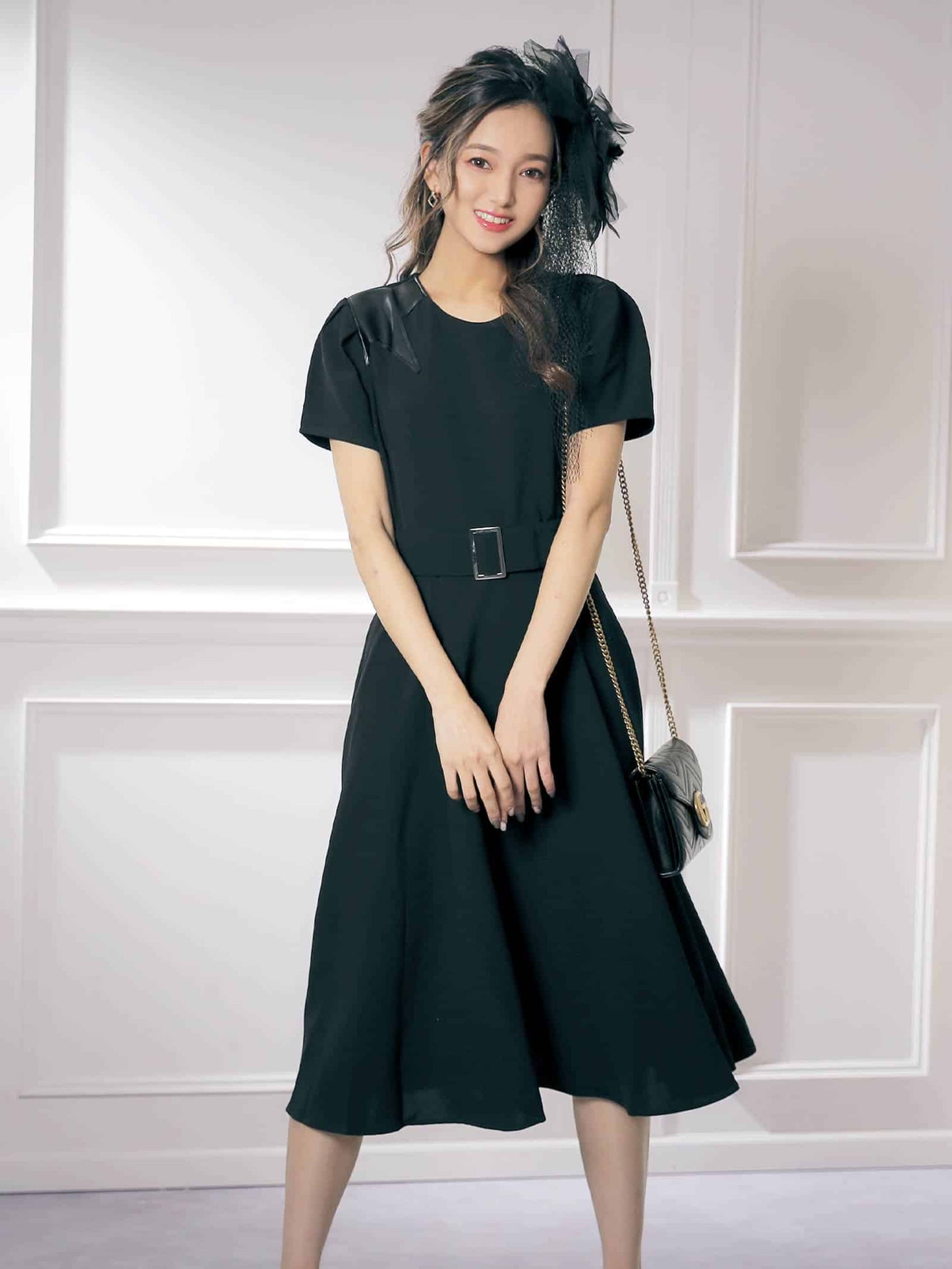 star patchwork flare dress / ボリュームスリーブ星柄パッチワークフレア膝丈ドレス