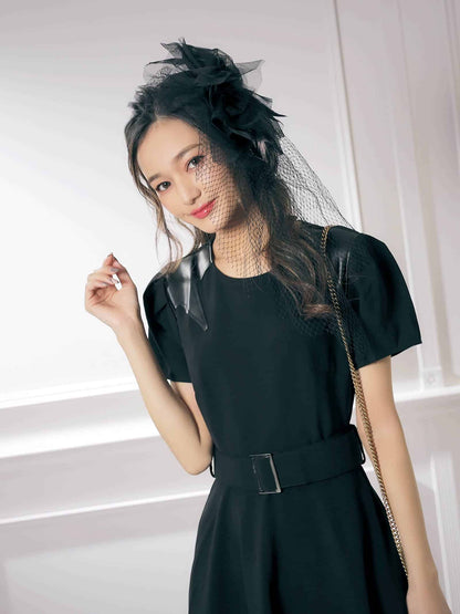 star patchwork flare dress / ボリュームスリーブ星柄パッチワークフレア膝丈ドレス